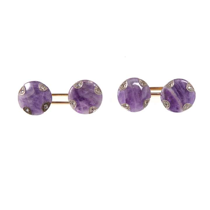 Pair of amethyst lace agate and diamond cufflinks, round panels